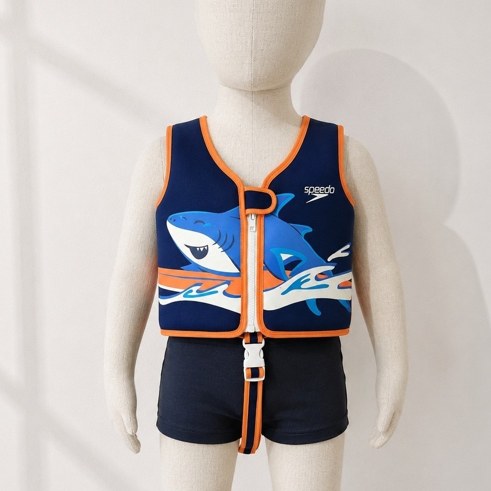 Speedo Kids Swim Vest UV50+ Shark Life Jacket Navy Blue Orange 2-4 Years
